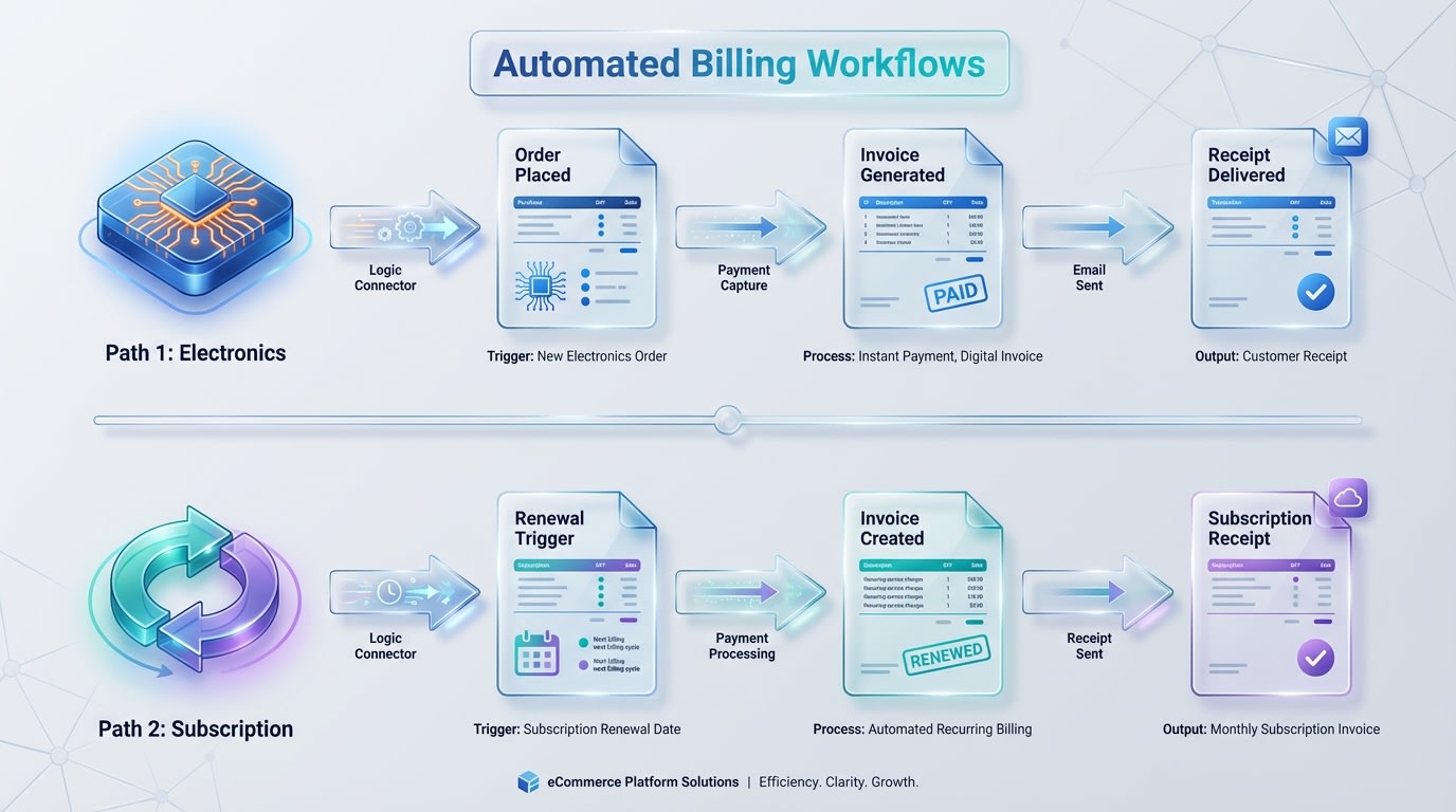 Visual representation of two different invoice sequences flowing from different product categories