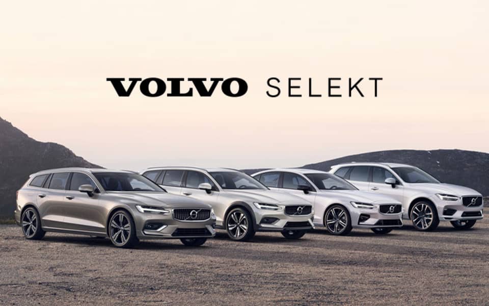 Et valg av Volvo Selekt biler fra Frydenbø Bilsenter på rekke og rad