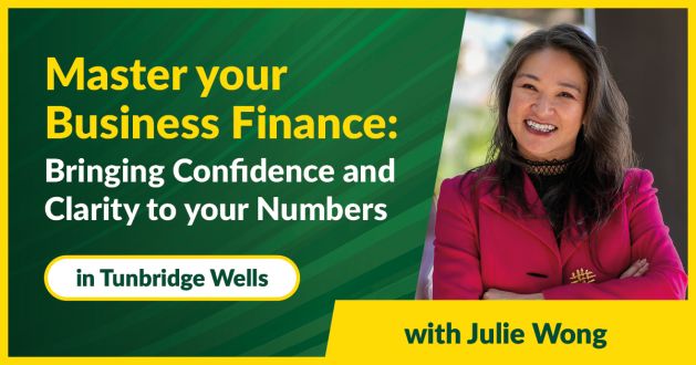 Green background with event title and location. Picture of smiling lady to the right of the image with 'with Julie Wong' underneath the picture Green background with event title and location. Picture of smiling lady to the right of the image with 'with Julie Wong' underneath the picture