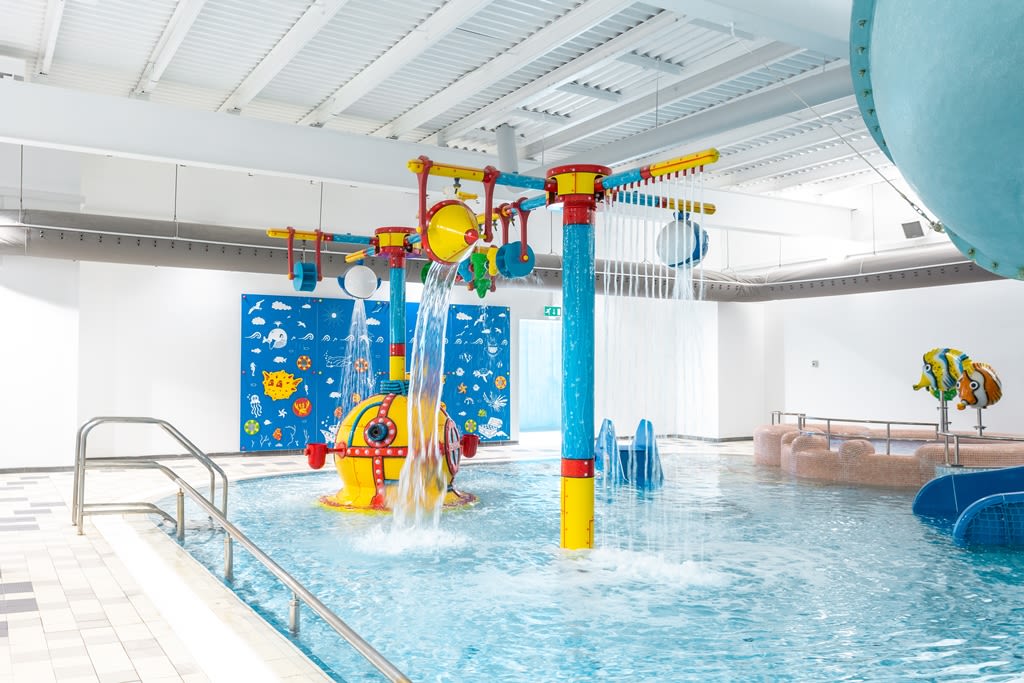The leisure pool fun features and flume at Bath Sports and Leisure Centre