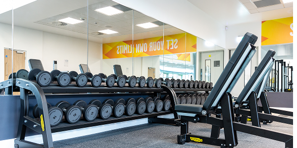 a view of the strength gym with free weights and exercise machines