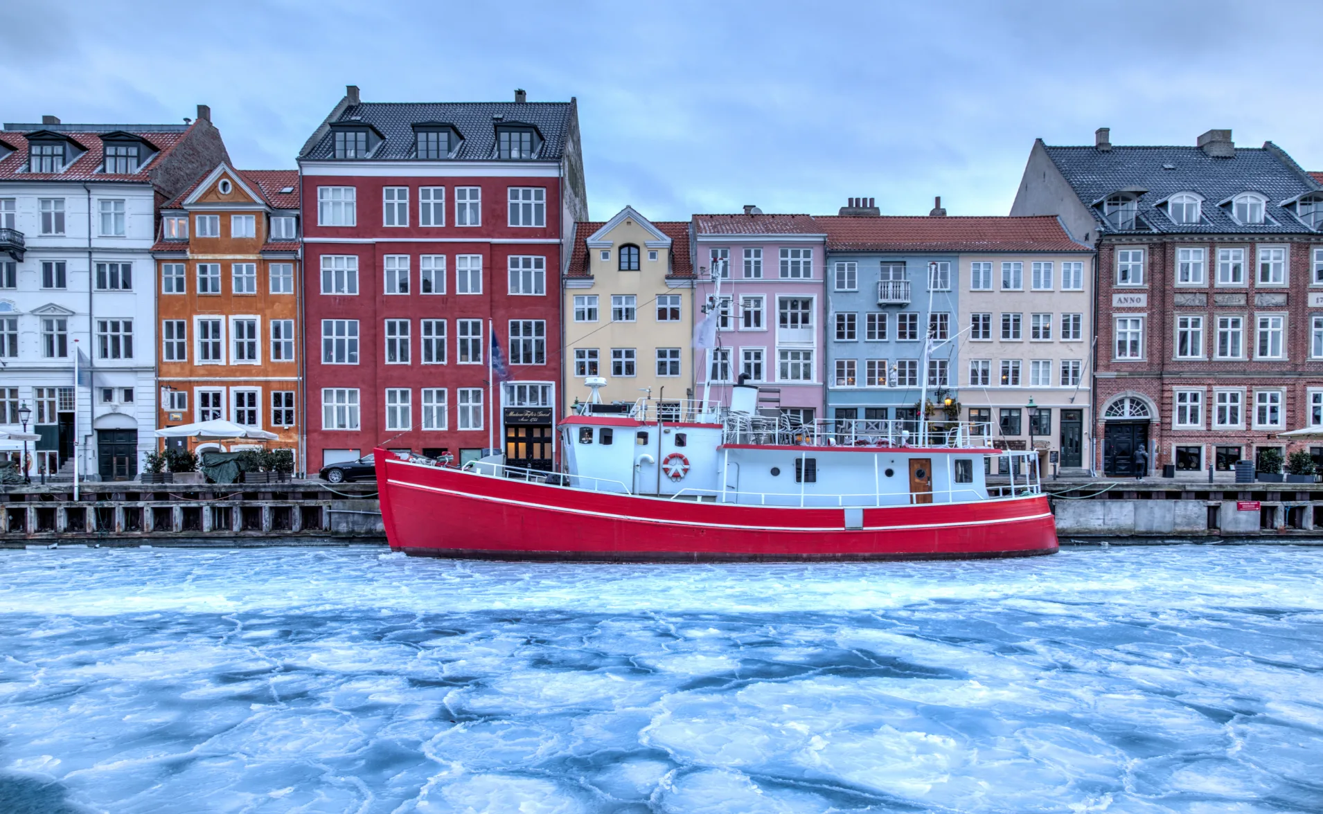 A Red Barge on an Icy Canal in Copenhagen