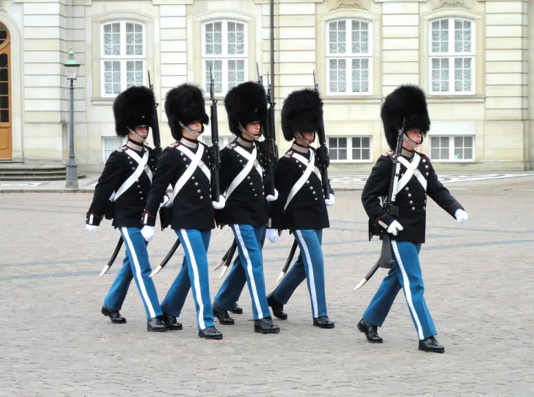 Danish Soldiers Marching in Uniform and Fur Hats