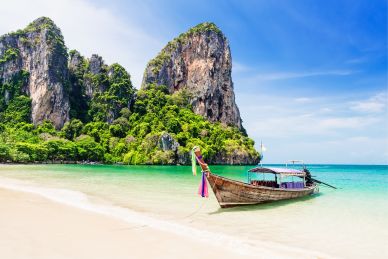 Long Tail Boat on Shore of Railay Beach in Krabi