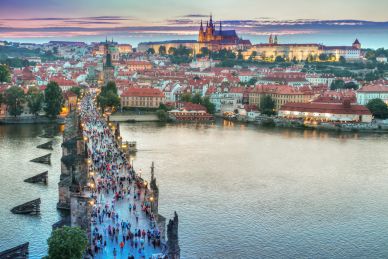Overhead View of Tourists on Charles Bridge Leading to Mala Strana Prague