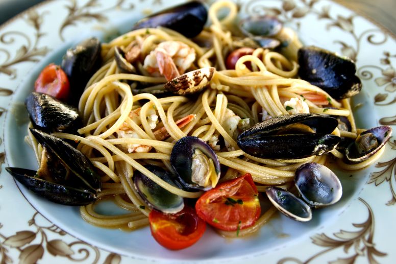 Seafood Pasta with Mussel Shells on a Plate