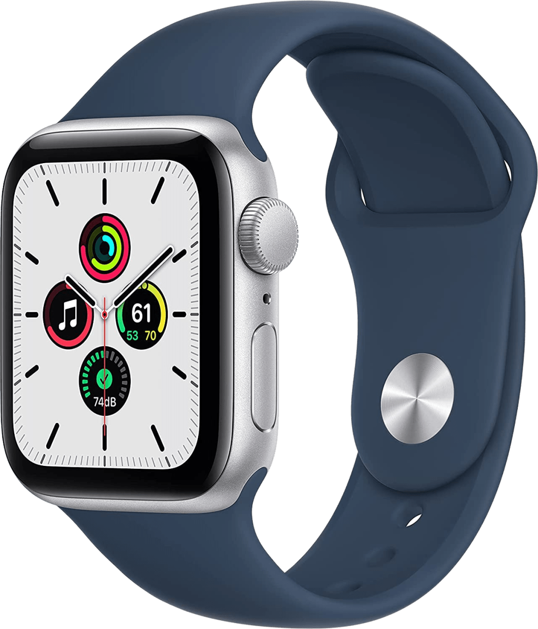 Abyss Blue Apple Watch SE GPS, Silbernes Aluminiumgehäuse und Sportarmband, 44 mm.1