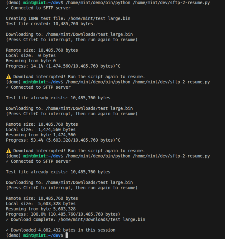 how do you resume interrupted sftp downloads in python