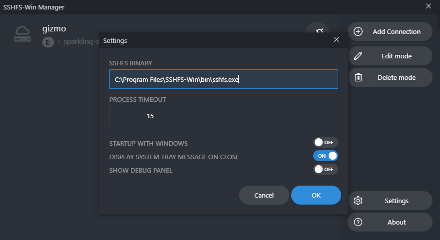 Click Settings and make ensure SSHFS Binary path is correct