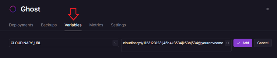 How to add Cloudrinary URL to Ghost CMS in Railway