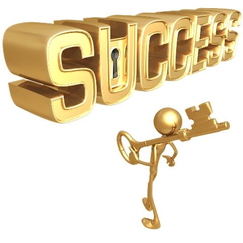 A golden stick figure with a golden key, standing in front of the word success, with a lock in the letter U.