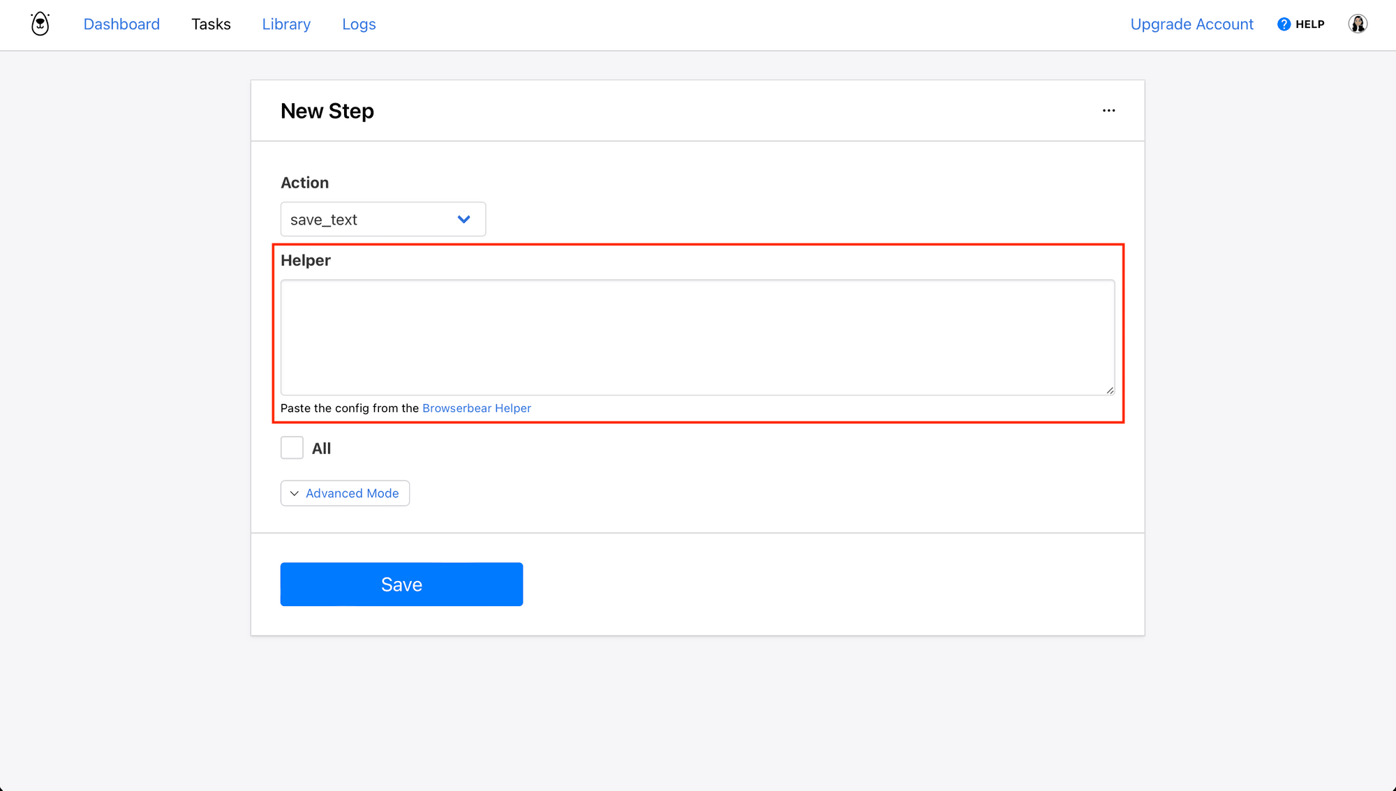 Screenshot of Browserbear save_text action with red arrow around Helper section