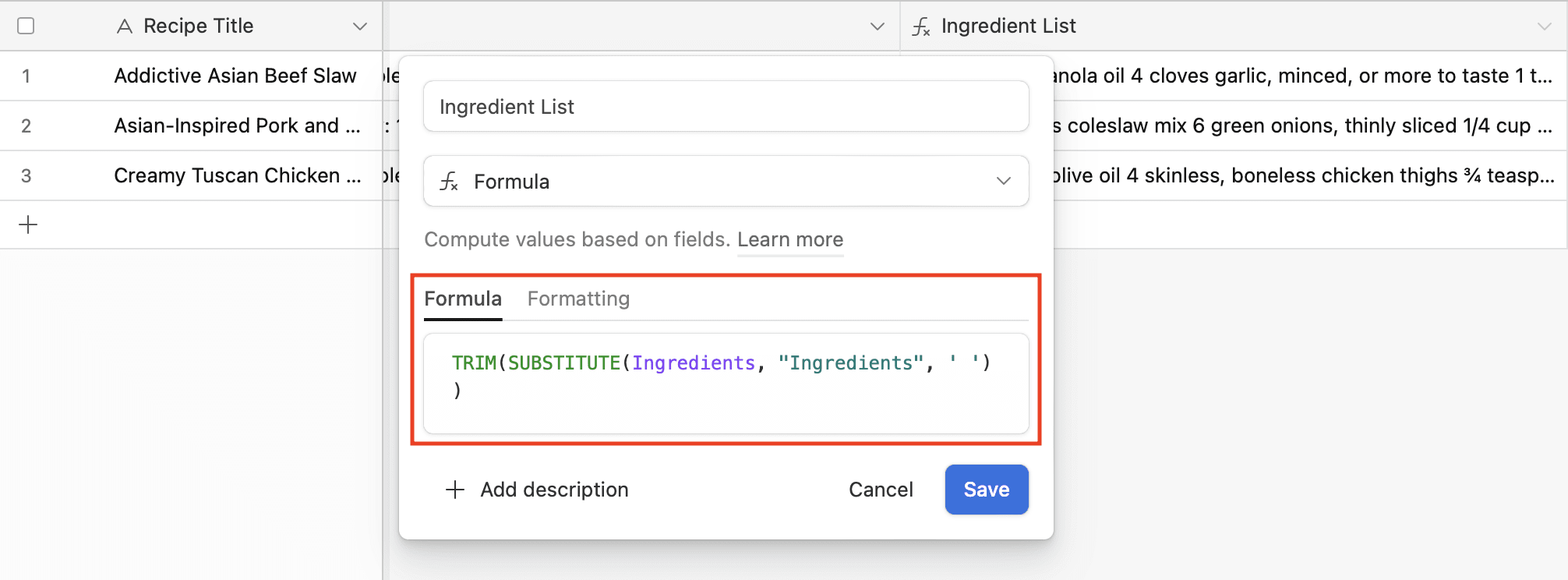 Screenshot of Airtable TRIM and SUBSTITUTE formula