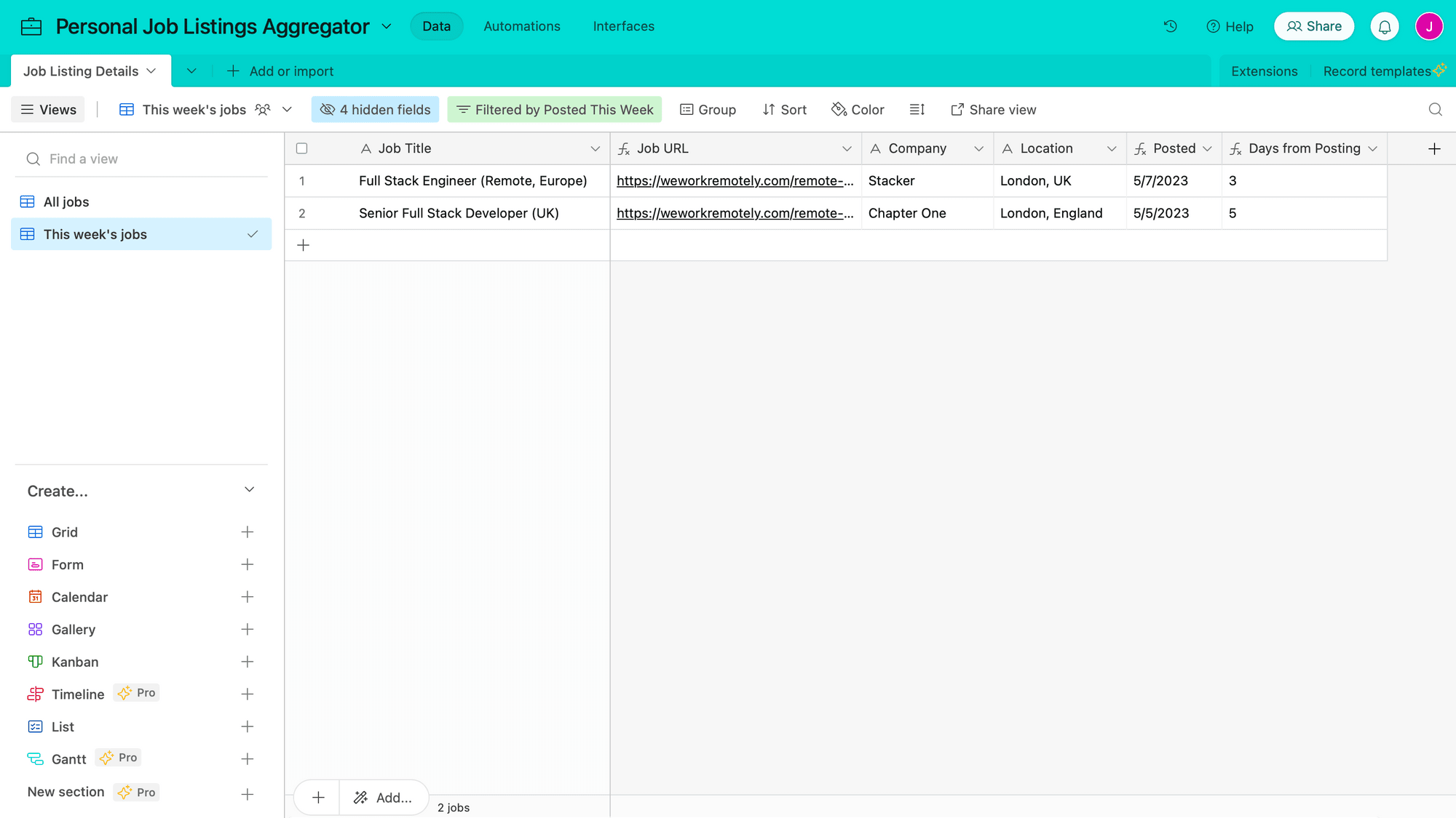 Screenshot of Airtable this week's jobs view with sample data