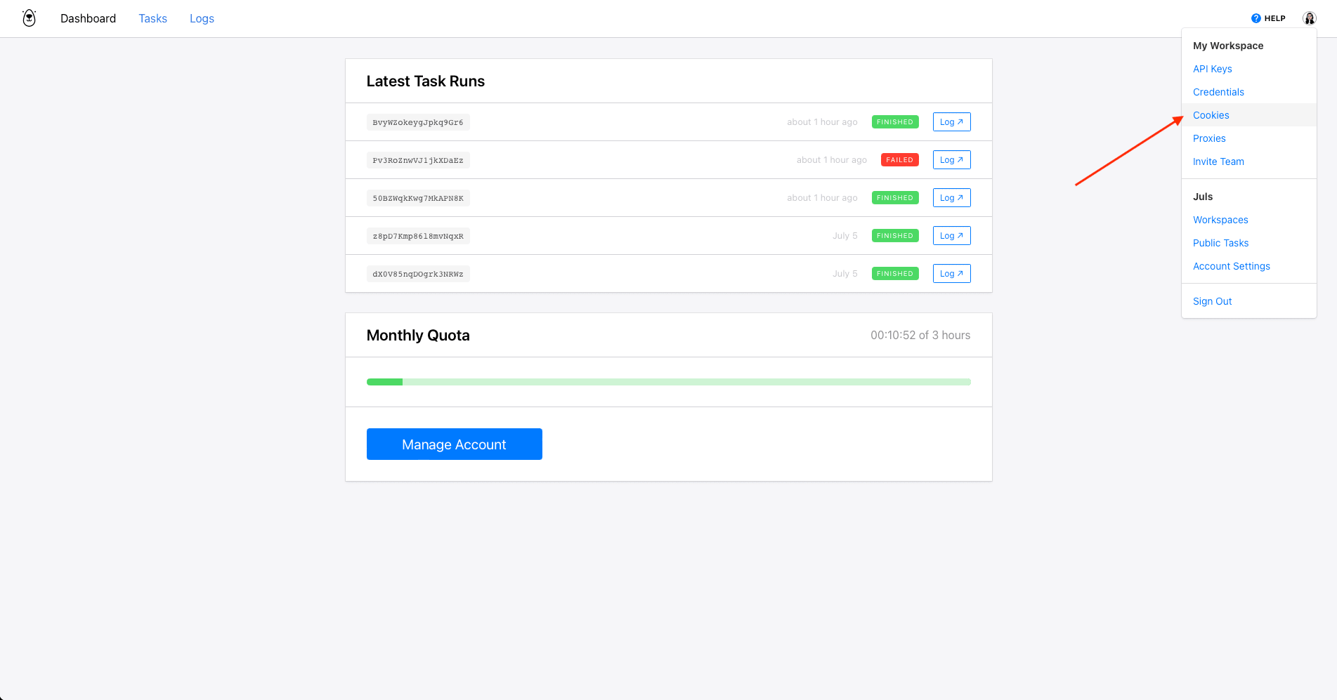 Screenshot of Browserbear dashboard with red arrow pointing to Cookies