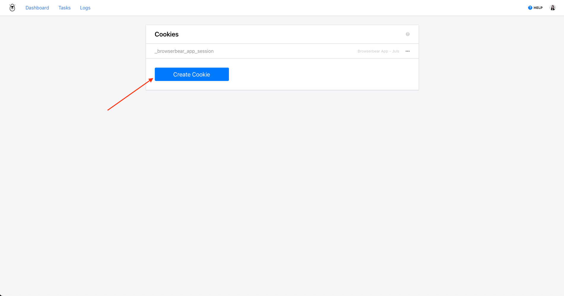 Screenshot of Browserbear app Cookies page with red arrow pointing to Create Cookie