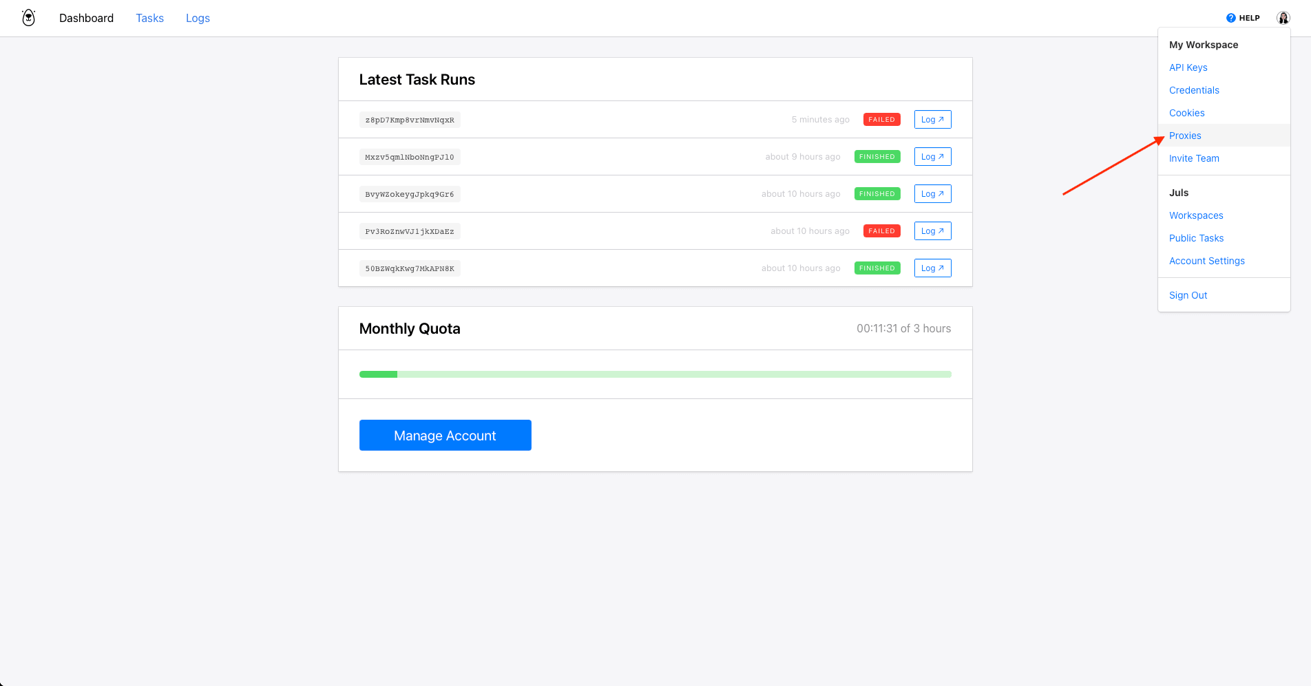 Screenshot of Browserbear dashboard with red arrow pointing to Proxies