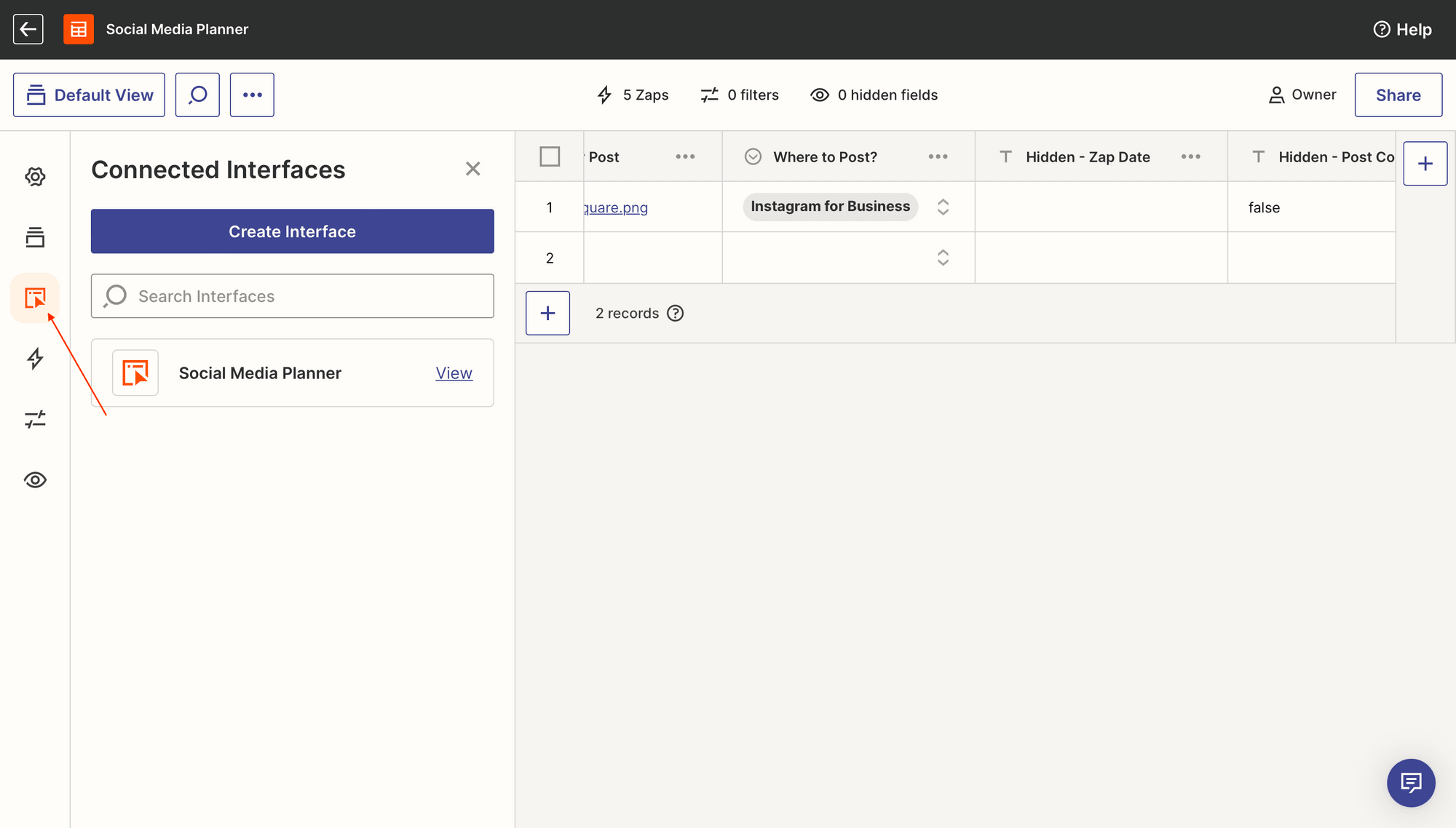 Screenshot of Zapier tables app interface with red arrow pointing to interface