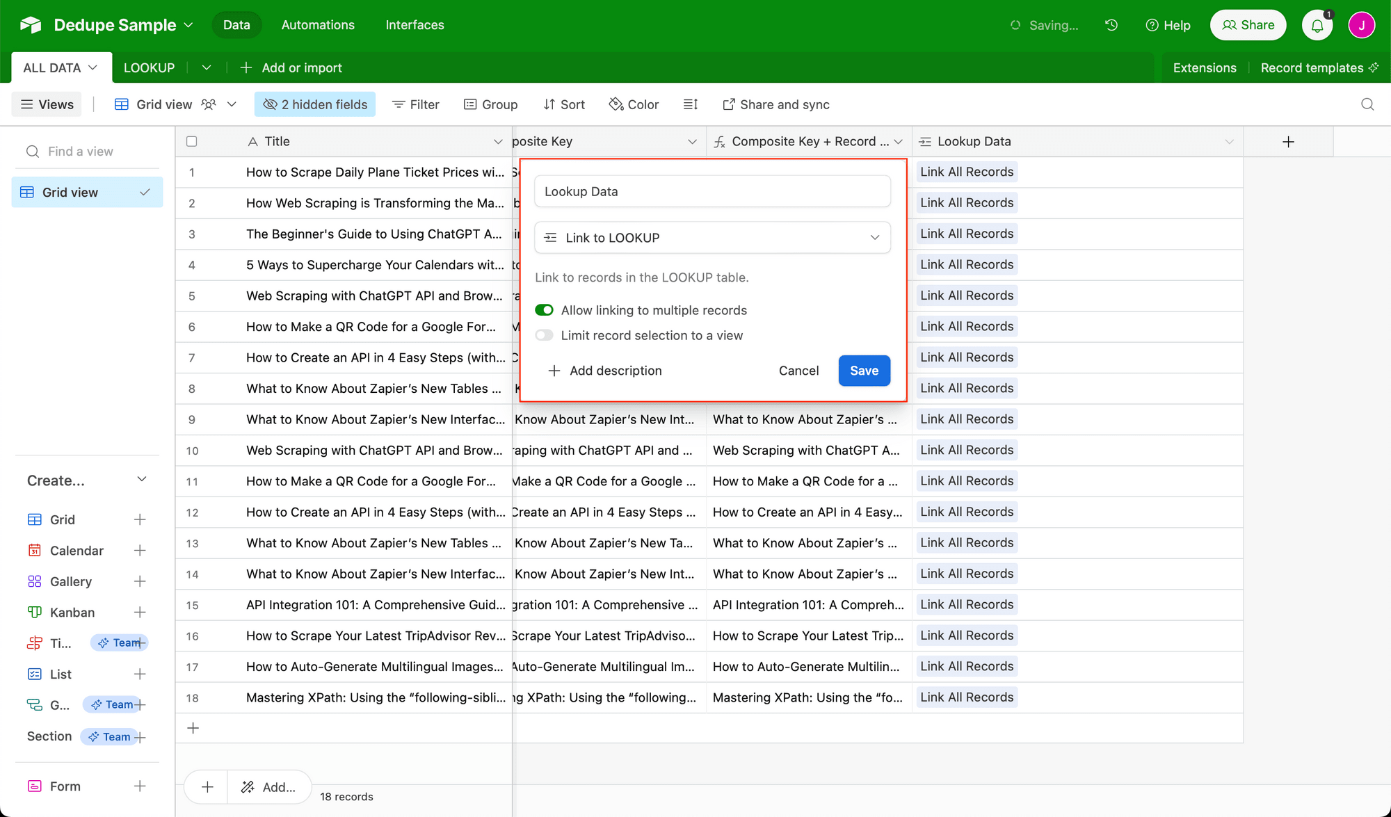 Screenshot of Airtable lookup data linking setup