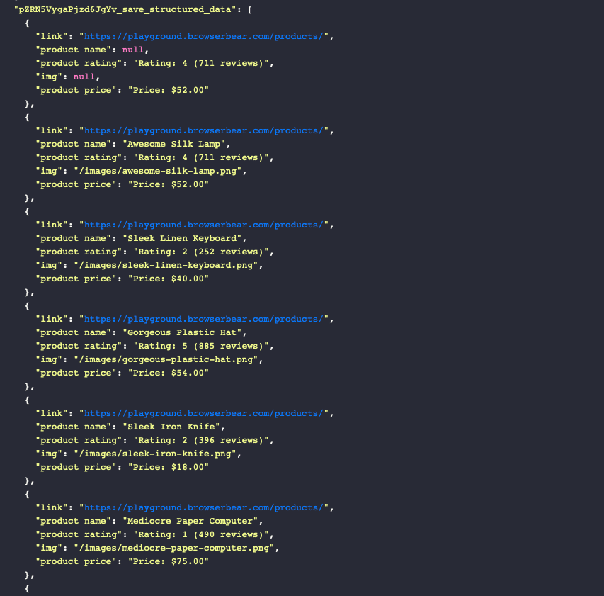 Screenshot of Roborabbit save structured data output log