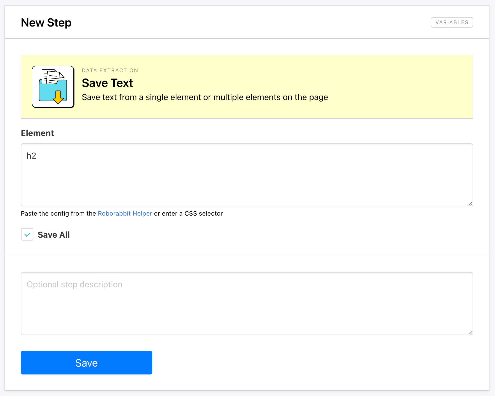Screenshot of Roborabbit save text step with all checked