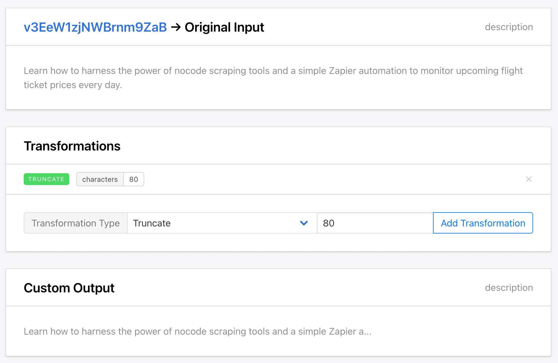 Screenshot of Roborabbit custom feed truncate transformation