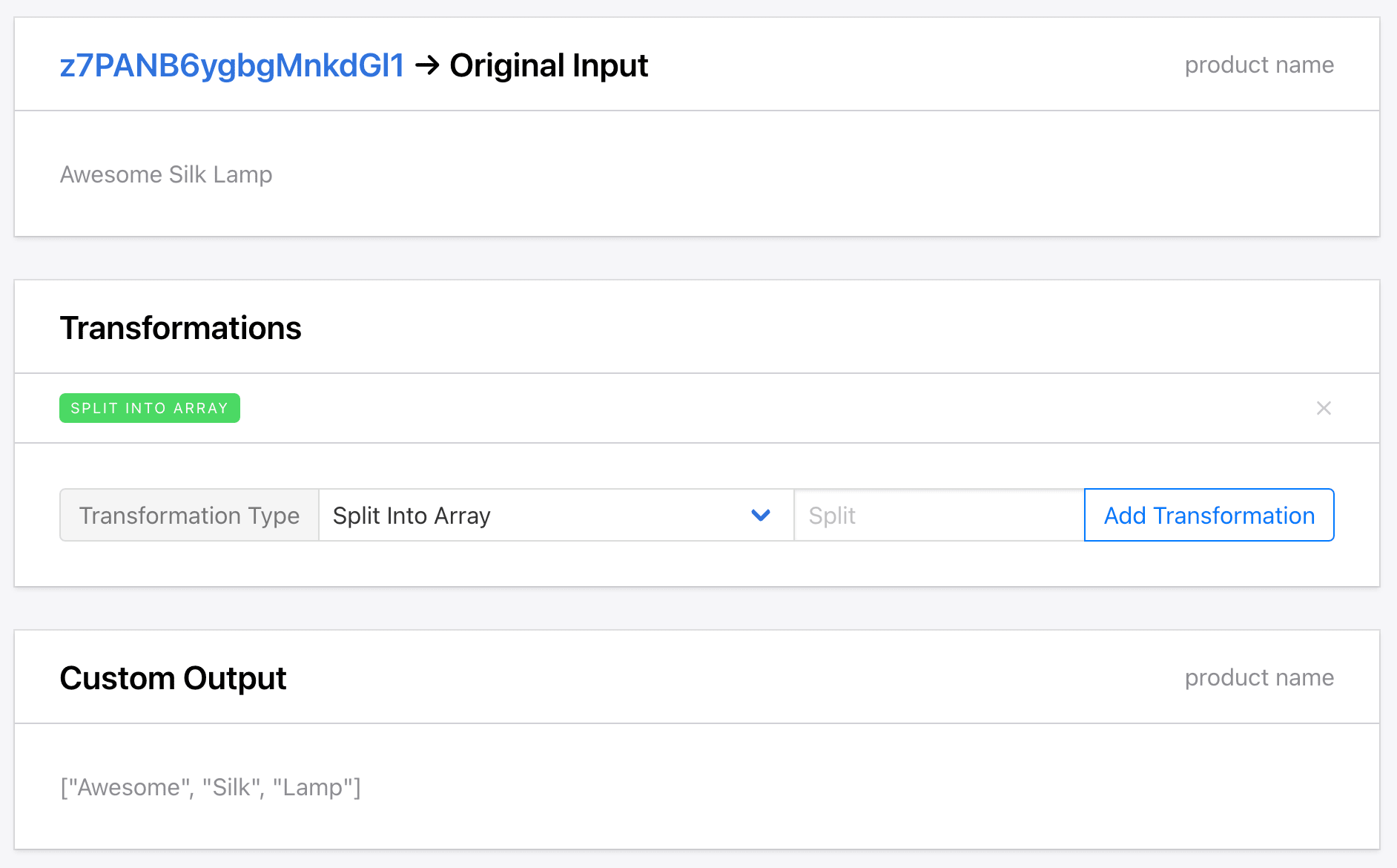 Screenshot of Roborabbit custom feed split into array transformation