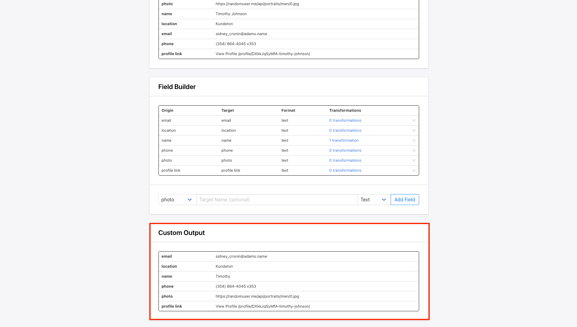 Screenshot of Roborabbit custom feed setup page with output outlined in red