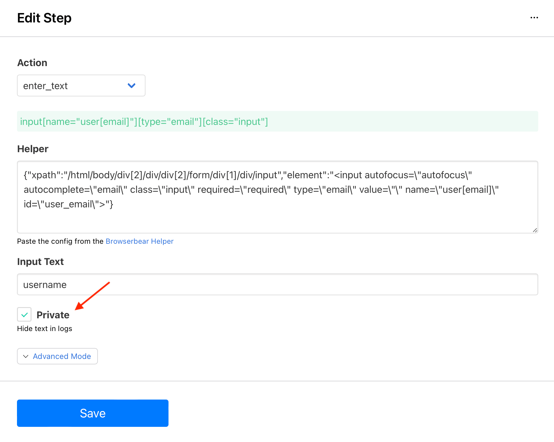 Screenshot of Browserbear enter_text action setup with red arrow pointing to private