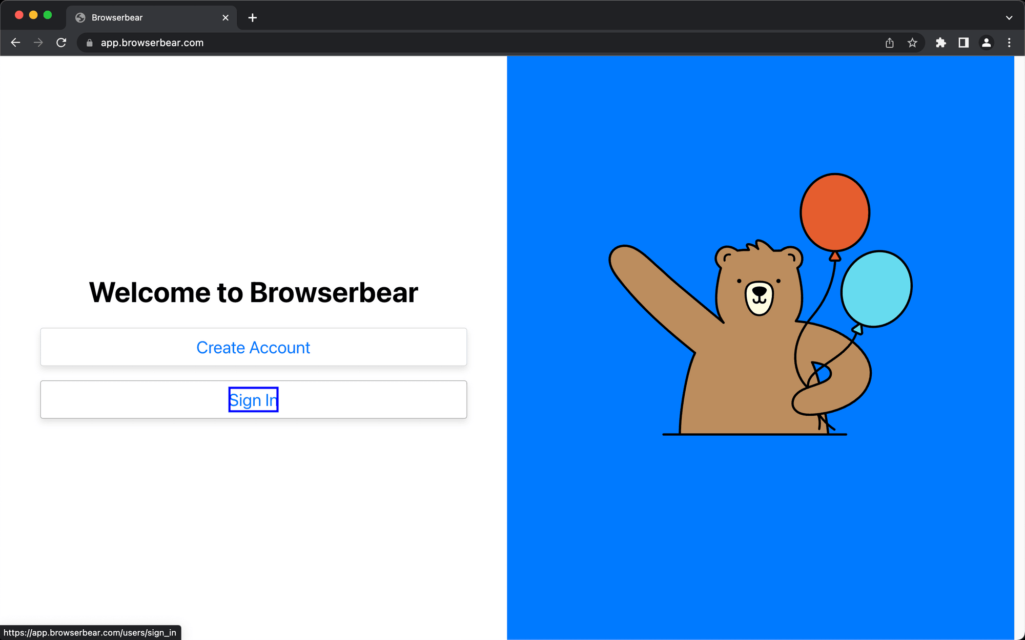 Screenshot of Browserbear helper sign in button selection