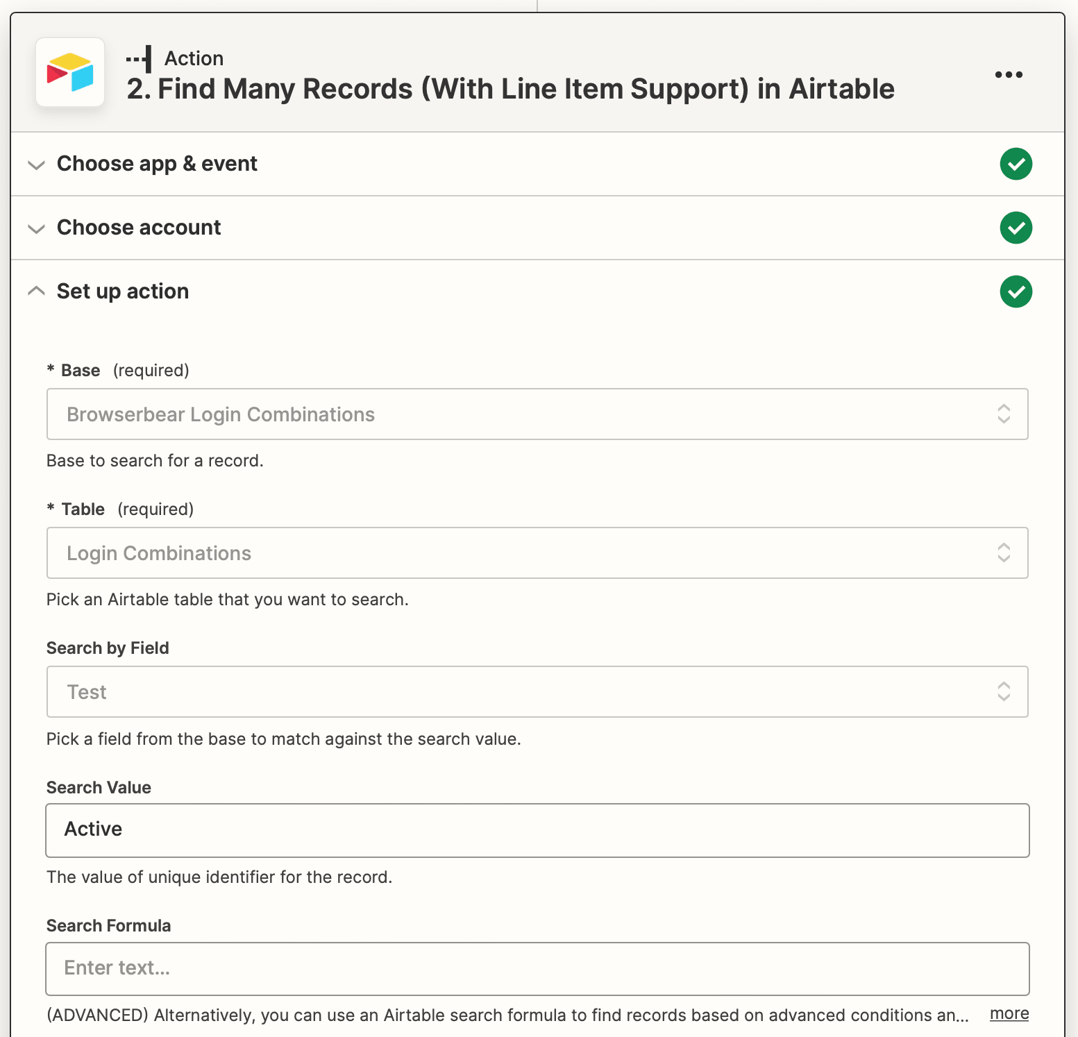 Screenshot of Zapier Airtable find many records action setup