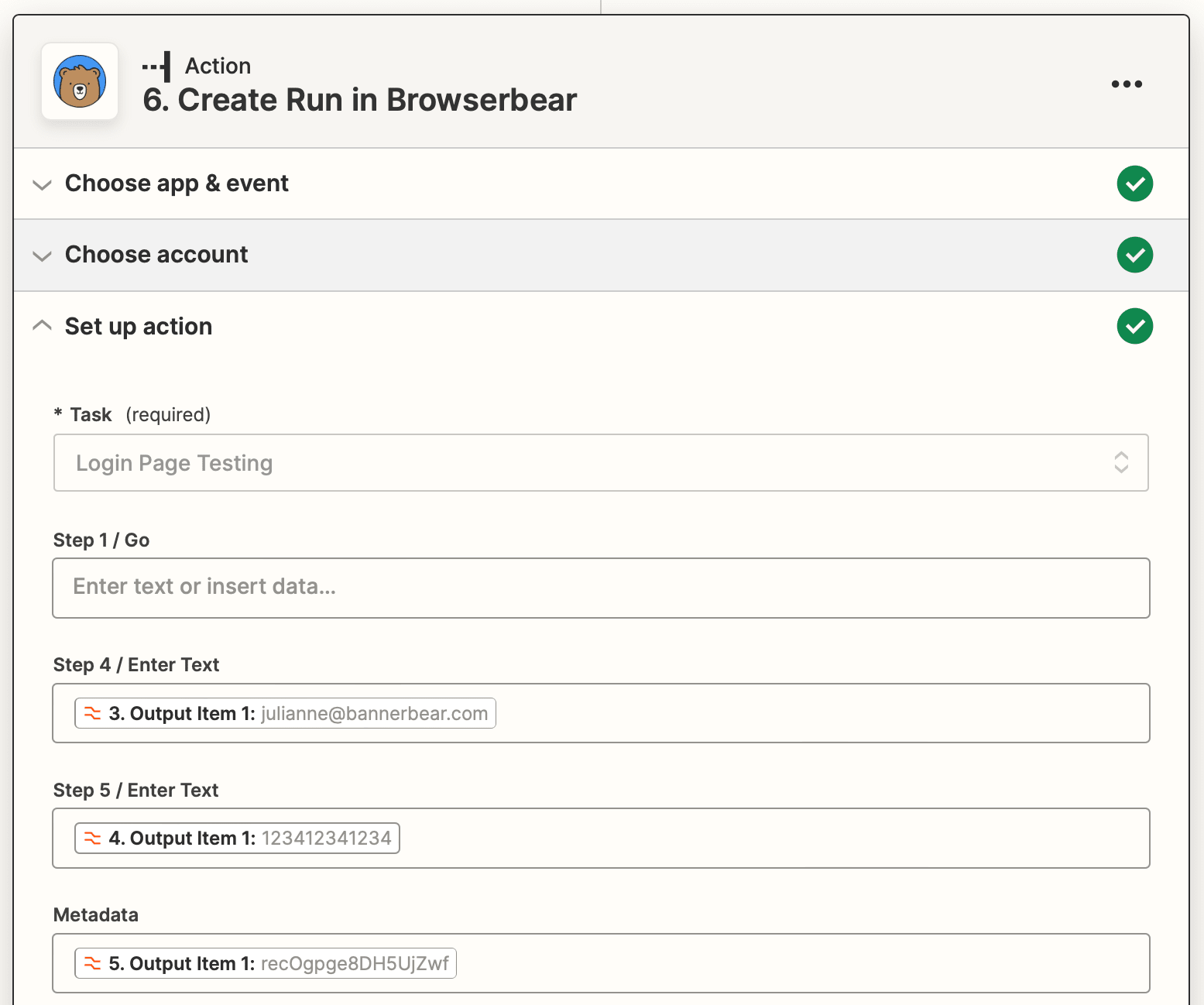 Screenshot of Zapier Browserbear create run action