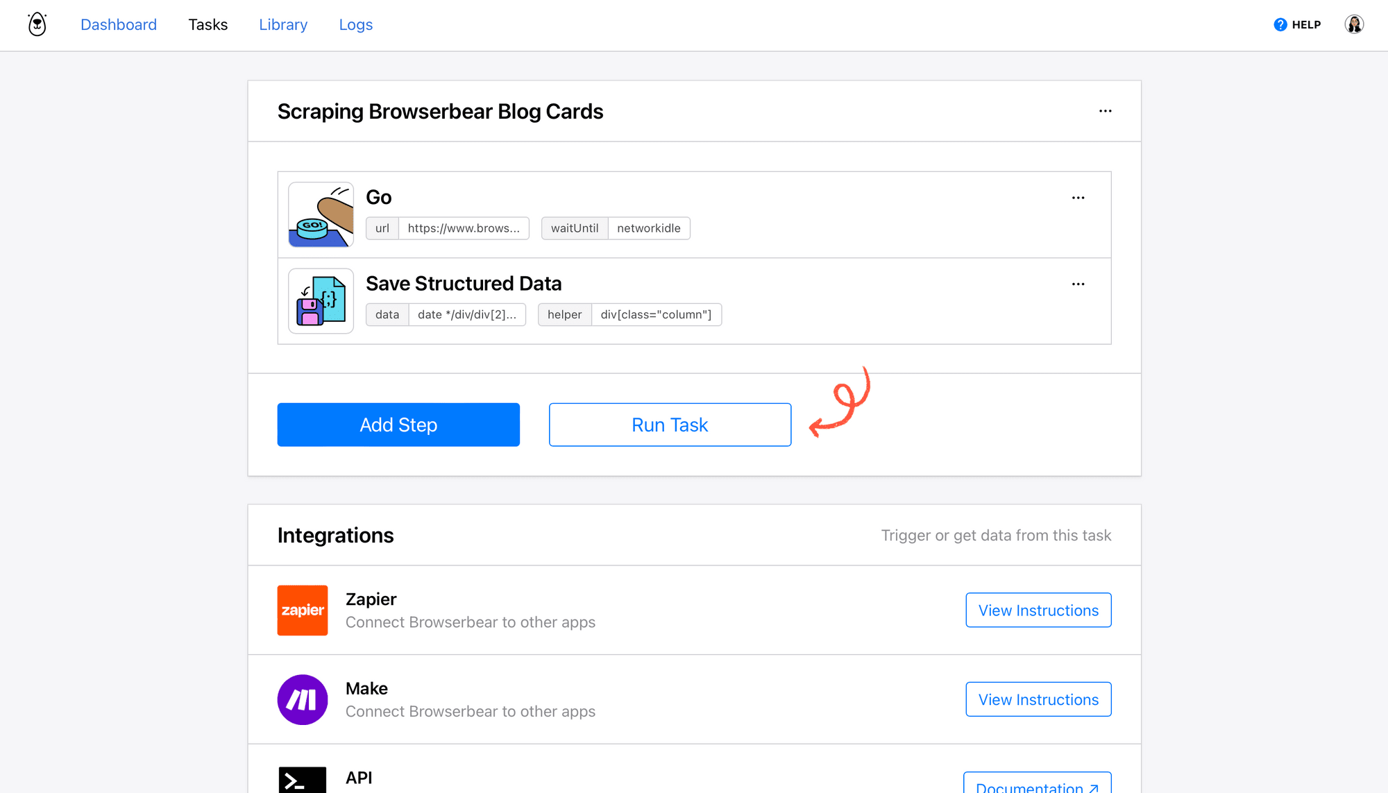 Screenshot of Browserbear task page with arrow pointing to run task