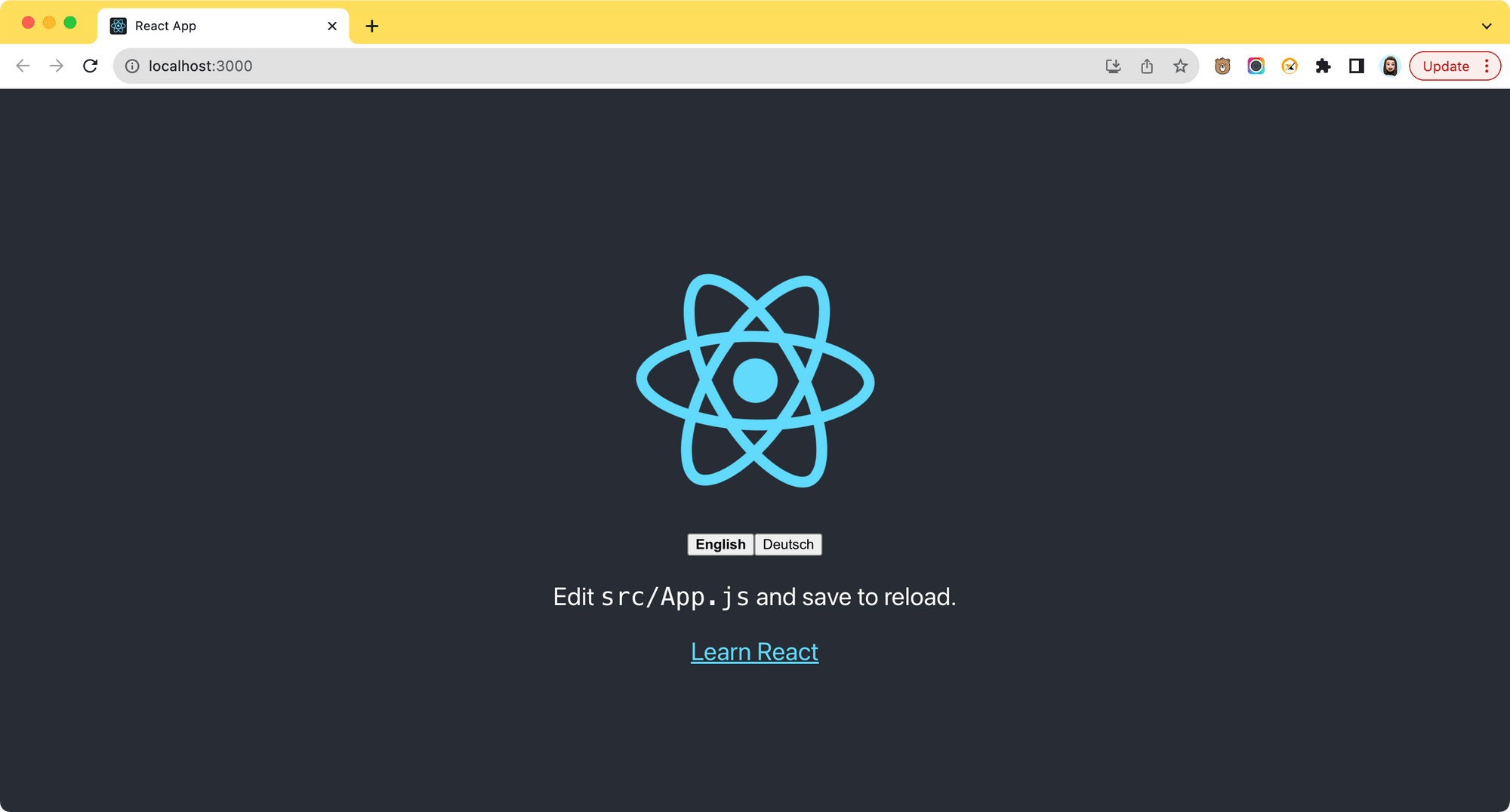 screenshot of the React app running on localhost