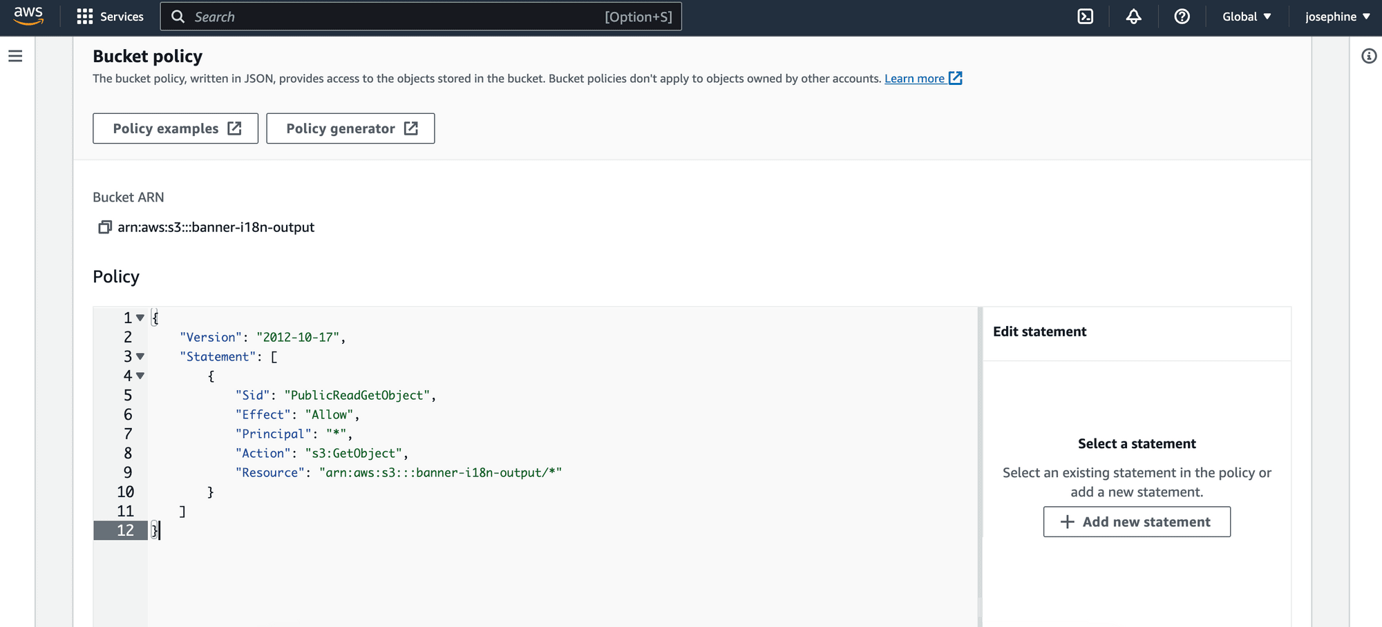 screenshot of the bucket policy