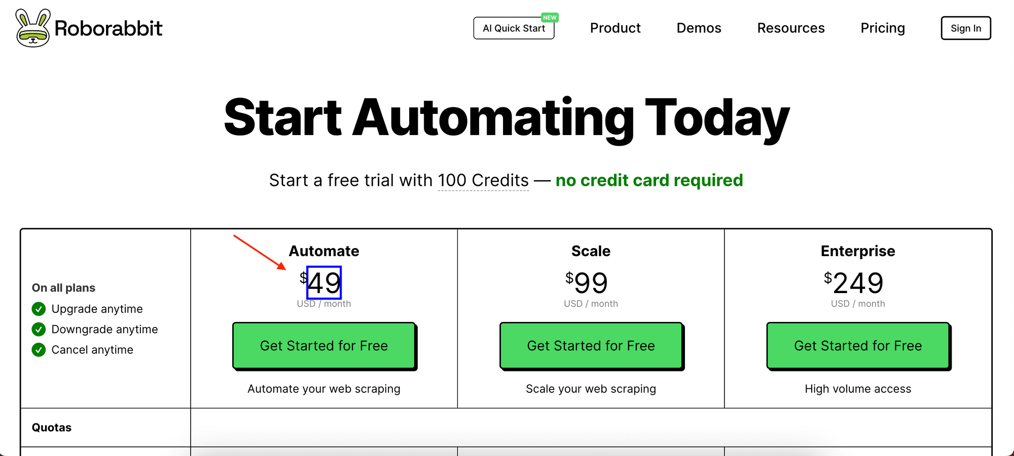 using Browserbear Helper on the pricing page