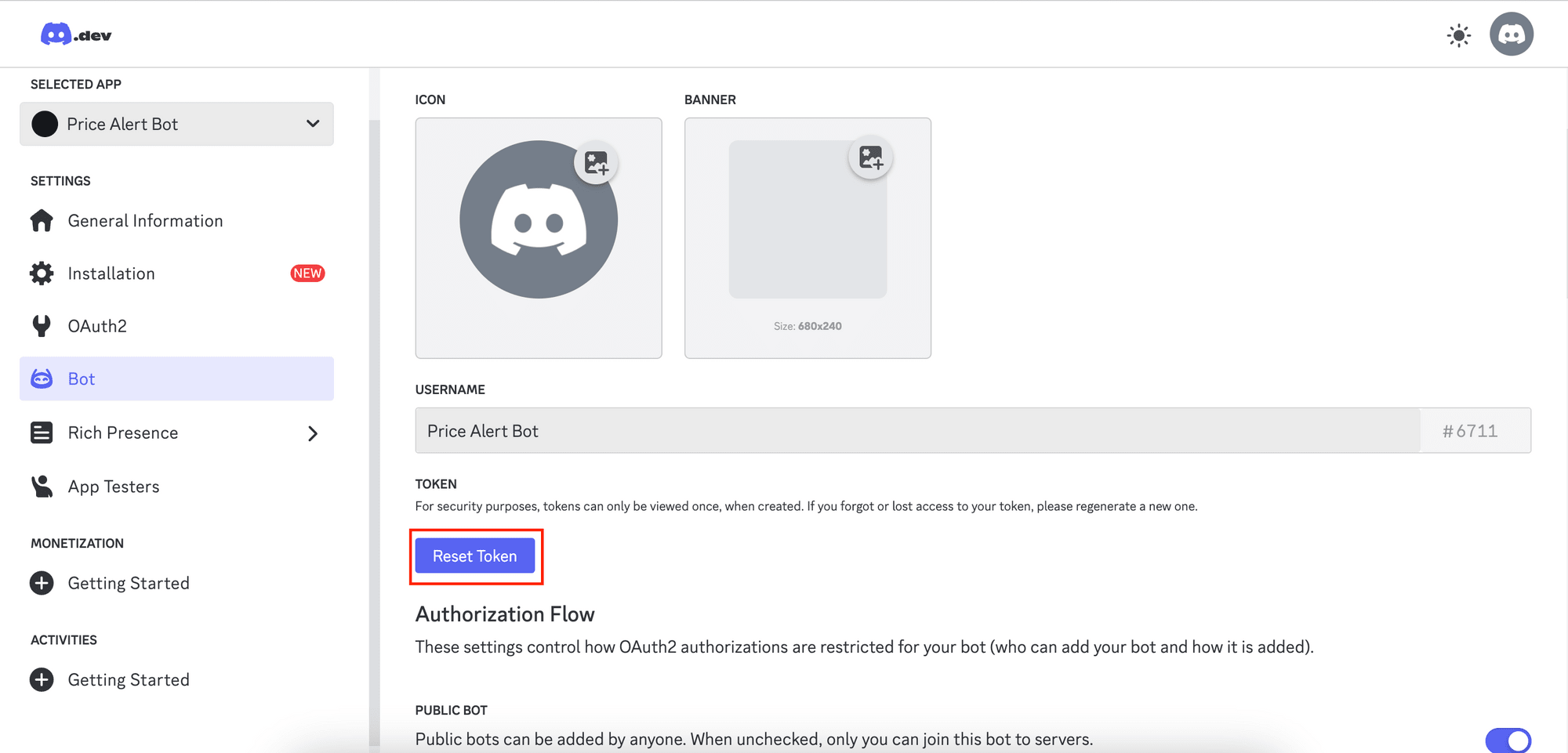 reset token of the Discord bot.png