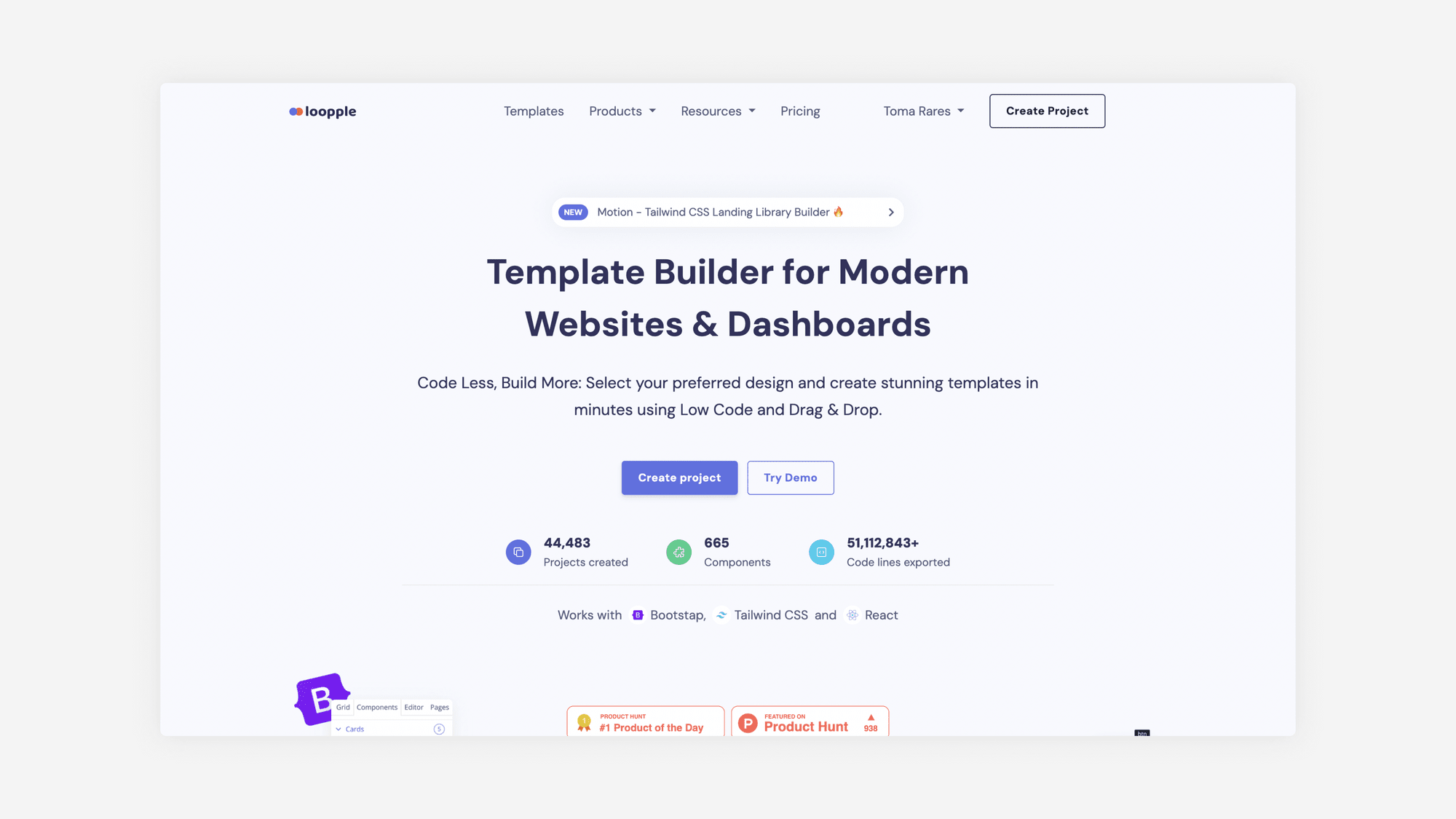 loopple's hompage, a low code website builder with drag and drop