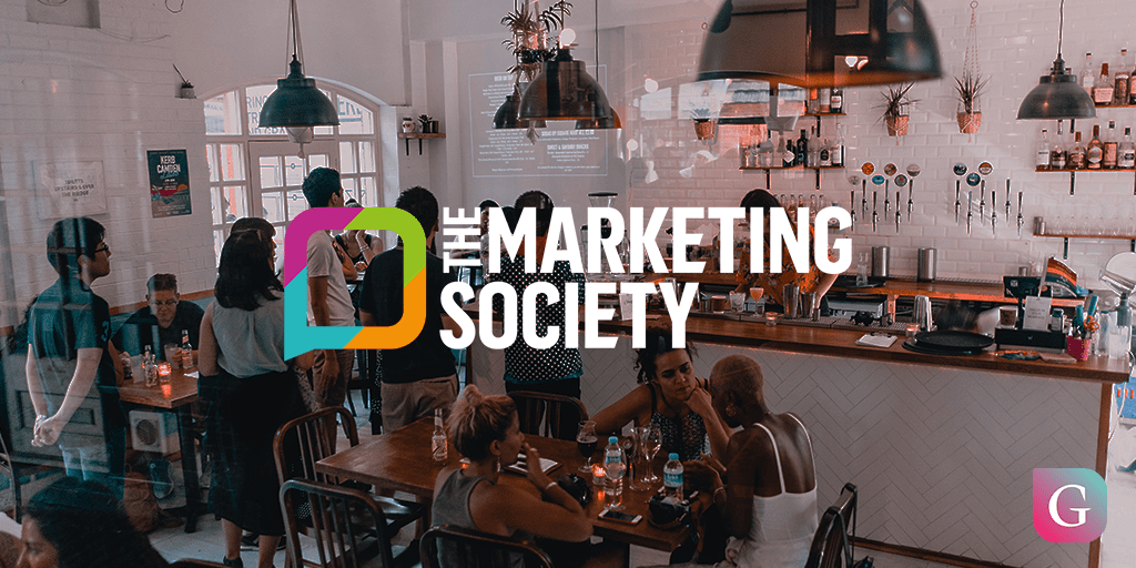 The Marketing Society and Guild Logos on a background image of a coffee shop