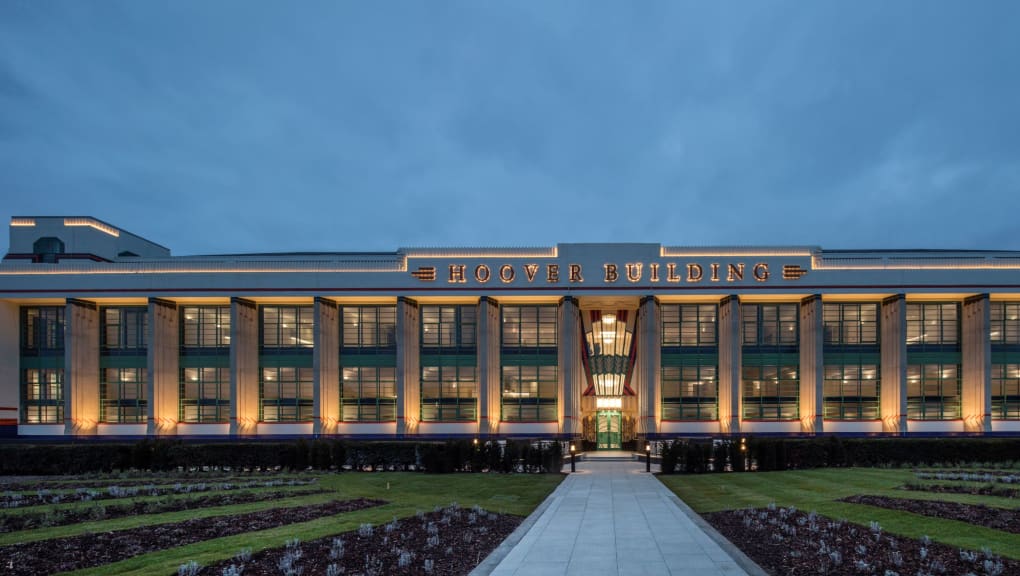 Wide angle view of the front of the Hoover Building