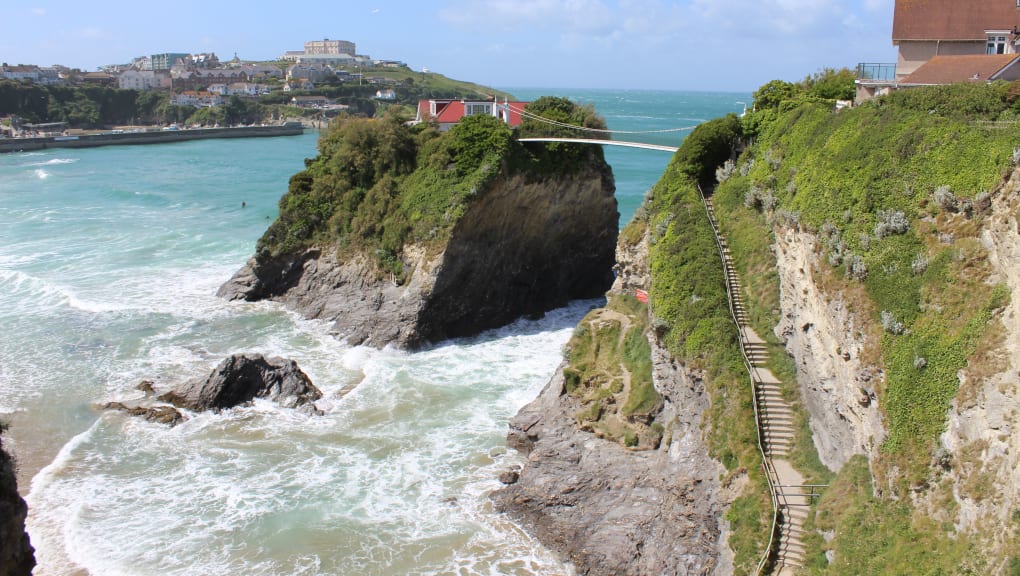 Day time wide angle view of the Newquay Harper Footbridge