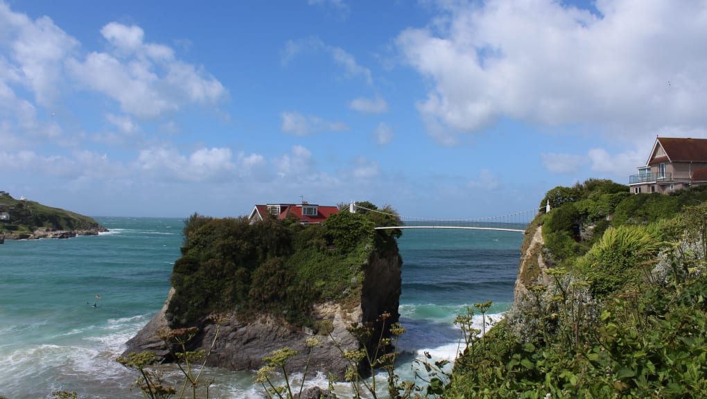 Wide angle day time view of the Newquay Harper Footbridge