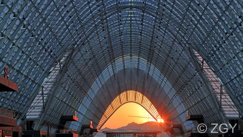 Exterior view of the Qingdao world expo city taken at sunset