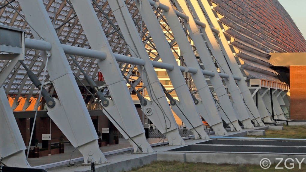 Close up exterior view of the exterior of the Qingdao world expo city