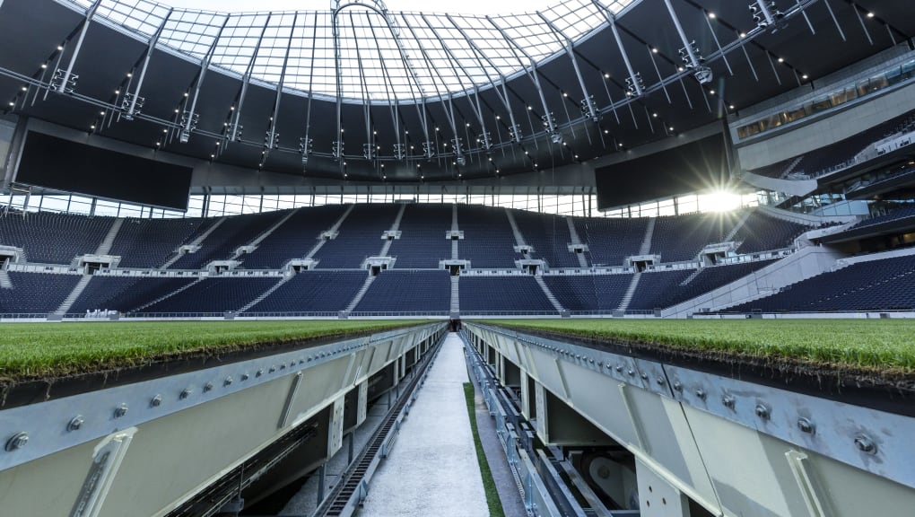 Pitch-side view of the Tottenham Hotspur stadium
