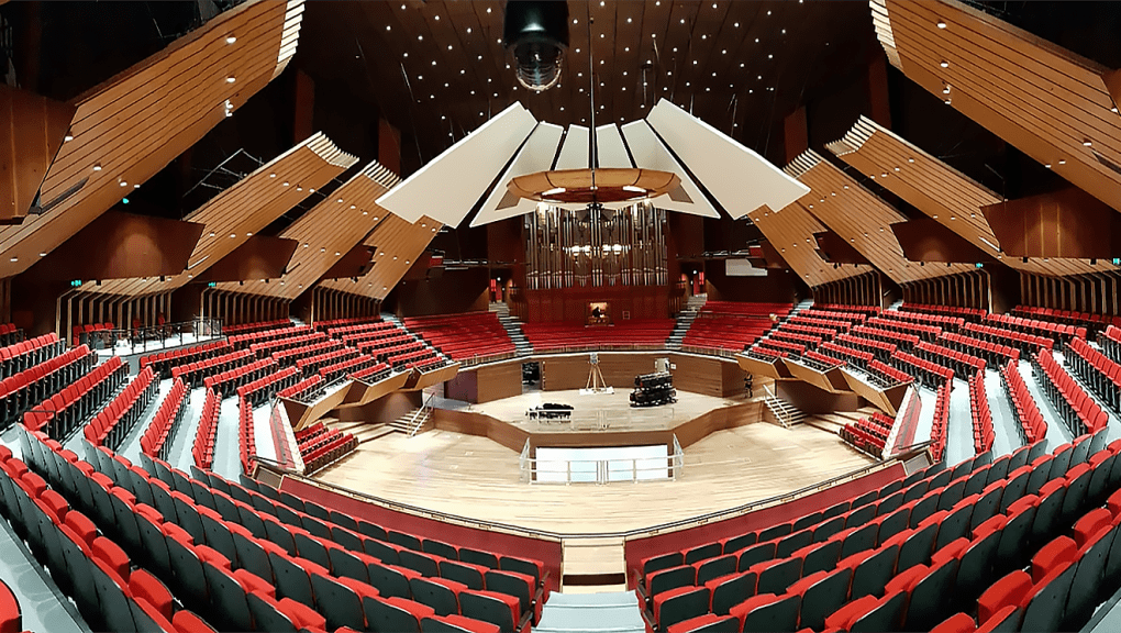 Interior wide angle view of Christchurch Town Hall forum