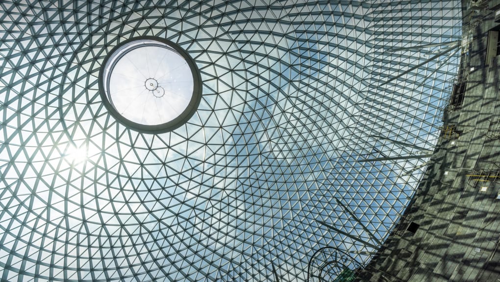 Interior view looking up to the roof of the Jewel Changi Airport