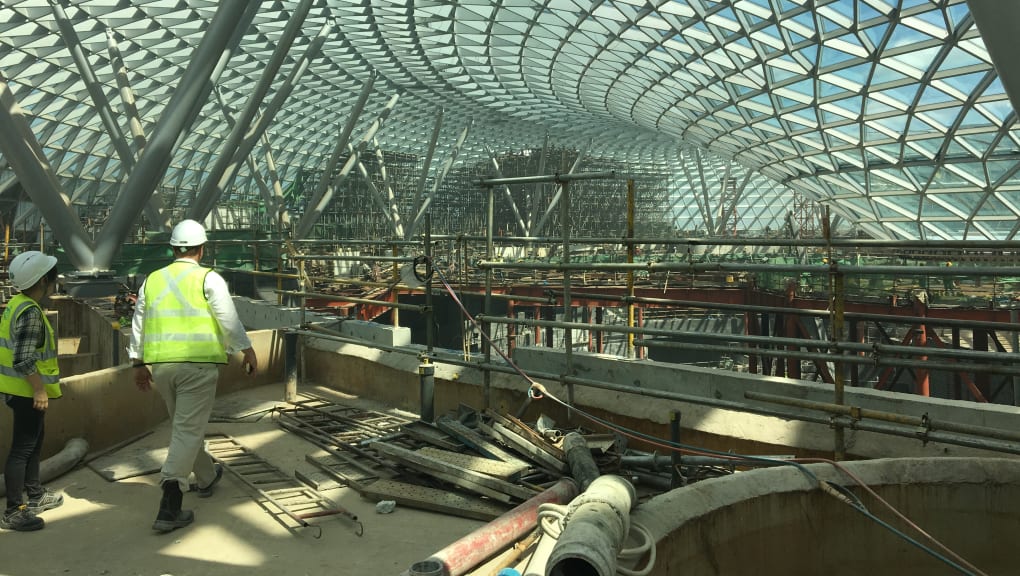 Indoor construction shot of the Jewel Changi Airport