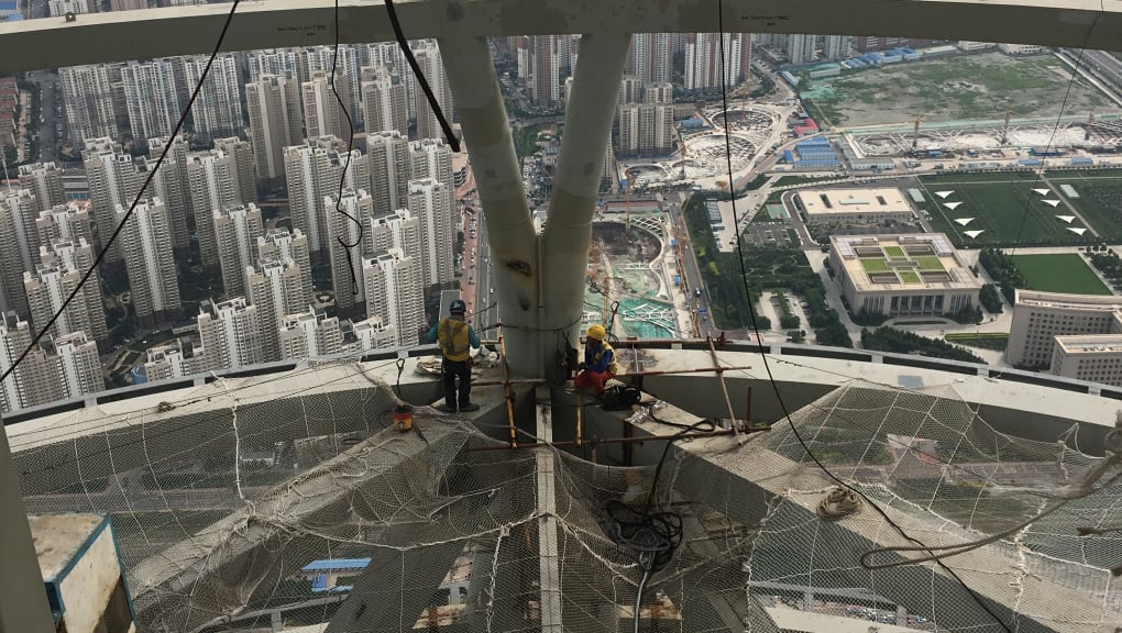 Elevated construction view from inside the Tianjin CTF Finance Center