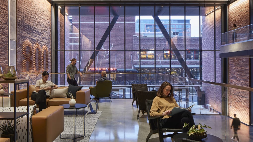 Interior view of people relaxing at 800 Fulton Market